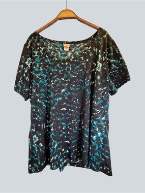 Covington Women’s Abstract Print Top Teal Black Stretch Size 20/22W